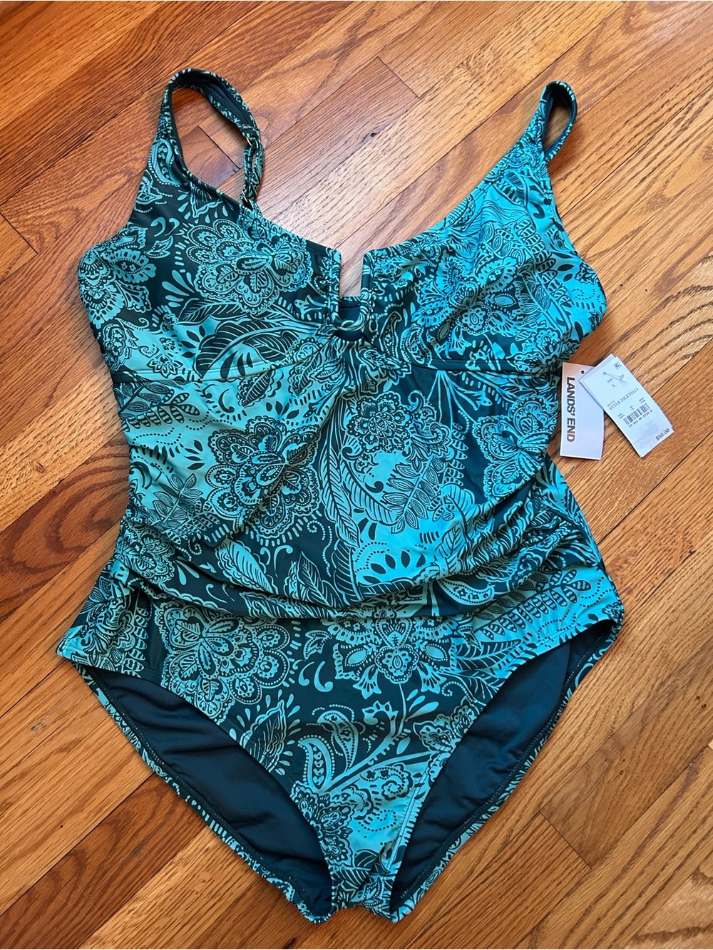 Lands' End Teal and Dark Green Floral One-Piece Swimsuit